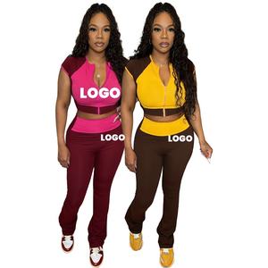 Set da donna con chiusura a colori nuovo arrivo Set lungo Crop Top Legging 2 pezzi <span class=keywords><strong>tuta</strong></span> estiva Casual con cerniera t-shirt abito t-shirt con cerniera - Product Image 1