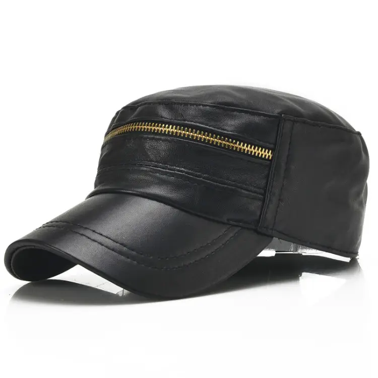 H577 Sheepskin Casual Cap Metal Zipper Flat Top Outdoor Hats Genuine Leather Bucket Hat Male Baseball Cap