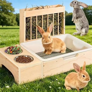 Comedero de Madera para Conejos, Combinación de Comedero y Bebedero Desmontable, Estación de Alimentación Multifuncional para Mascotas - Product Image 1