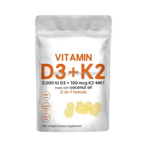 OEM vitamina D3 y K2 Mk7 con cápsulas blandas de aceite de coco vitamina D y K suplemento dietético complejo