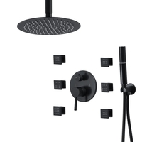 Ensemble de douche thermostatique encastré au plafond en laiton noir mat, avec pommeau de pluie rond de 8 pouces et 6 jets de pulvérisation latéraux pour salle de bain