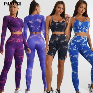 PASUXI Set Pakaian Olahraga Fitness Gym untuk Wanita, Set Pakaian Olahraga Kebugaran, Set Pakaian Olahraga Legging Pinggang Tinggi, Tie Dye, Yoga