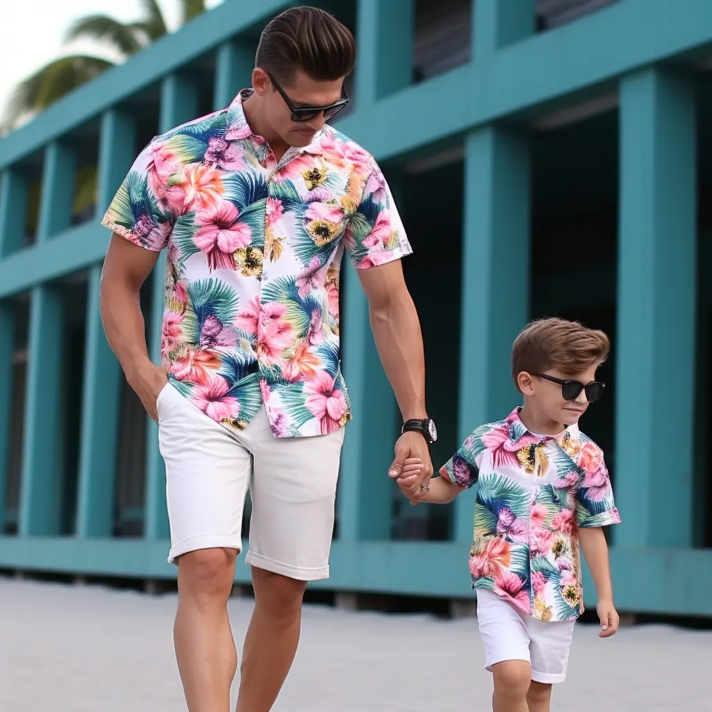 Personnalisé décontracté printemps été hommes plage à manches courtes chemise Shorts hawaïen plage père et fils ensemble de chemise à fleurs