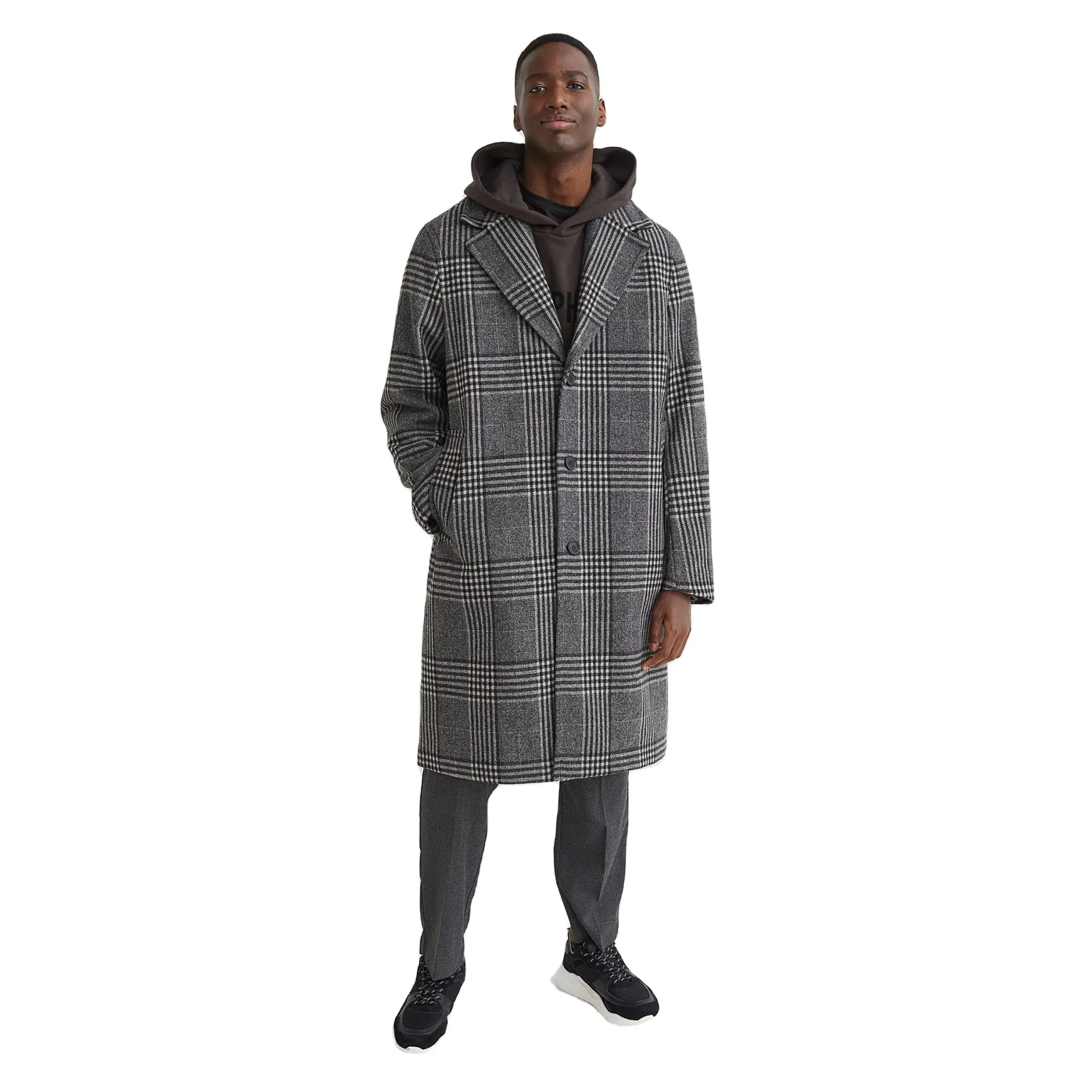 Mens OEM Fashion Design Long Wool Coat Check Overcoat High Quality Plaid Trench Coat