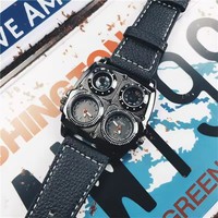 Jam Tangan Pria Oulm 1140 Dua Zona Waktu Gaya Fashion Ukuran Besar Jam Quartz Tali Kulit Asli Pria Jam Tangan Bercahaya
