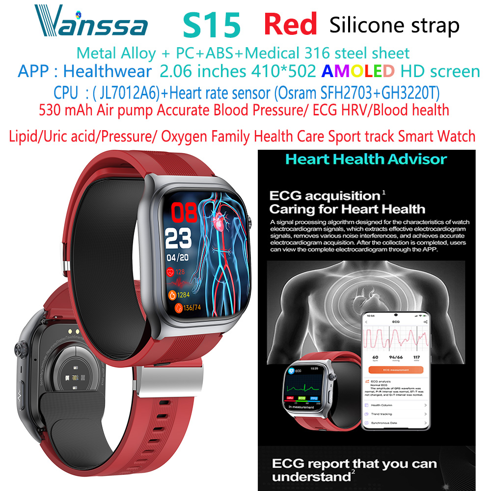 Montre intelligente rouge S15-tension artérielle-ecg-santé
