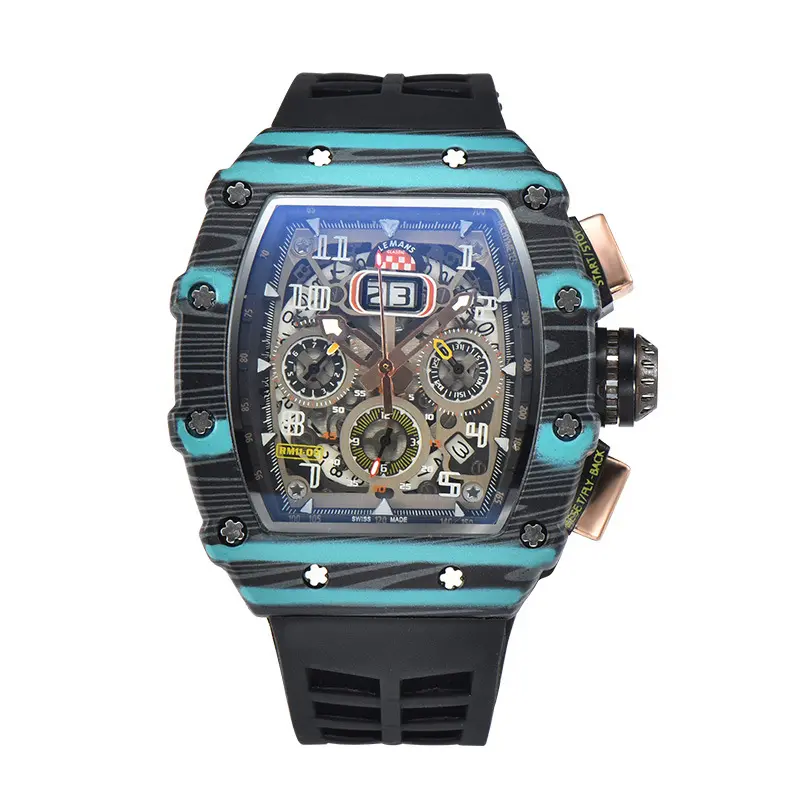 RM Chronograph Quartz Watch for Men Tonneau Dial Sport Wristwatch with Orange Silicone Strap