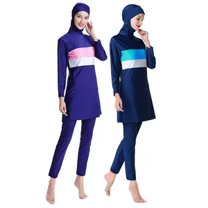 Pakaian renang wanita Muslim warna polos spandeks nilon melar empat arah kustom pakaian renang Burkini wanita