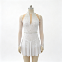 Robe de patinage artistique blanche à col halter et col en V, manches longues en maille, jupe ornée de strass pour enfants et filles, idéale pour les spectacles sur scène
