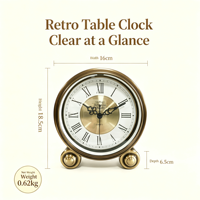 Horloge de table vintage rétro en métal avec lumière LED nocturne, horloge de bureau à chiffres romains pour la chambre à coucher, la table de chevet, la décoration de la maison