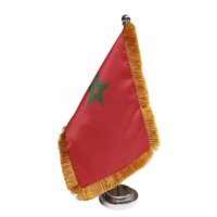 Drapeau de table en satin à franges du Maroc, avec base en plastique argenté, portable, pour réunions d'entreprise et salons professionnels, achat en gros