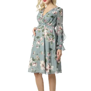 Customization Pregnancy Women Fashion Floral Print Long Sleeve Chiffon Nursing Maternity Dress