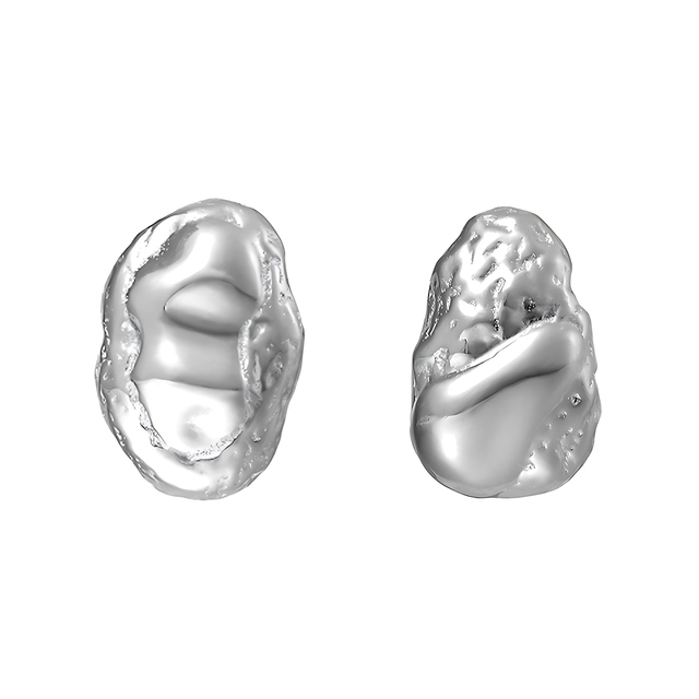 Fine Jewelry 925 Sterling Silver Lava Texture Asymmetric Hammered Bean Stud Earrings for Women Modern Design