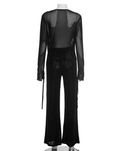 Viviblook J25ST273 <b>Sexy</b> Women's <b>Set</b> Autumn Outfits Mesh See Through Swinging Collar Tied Long Sleeved Top Slim Fit Pants <b>Set</b> - Product Image 3