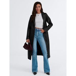 Trench-coat long en cuir de mouton pour femmes à la mode Queen Blazer ouvert sur le devant avec revers et ceinture Décoration imprimée - Product Image 1