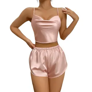 Пижама Женская Соблазнительная юбка-халтер шорты два комплекта Удобная дышащая шелковая атласная домашняя одежда