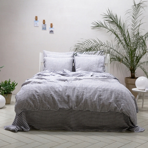 Set di 3 Pezzi in Puro Lino Stonewashed, Biancheria da Letto a Righe <span class=keywords><strong>Blu</strong></span>, Set <span class=keywords><strong>Copripiumino</strong></span> + 2 Federe - Product Image 1