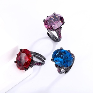 High Quality Jewelry Eco-friendly Copper Black Gold Plated 15*20MM Rose Cut Cubic Zirconia Big Gemstone <b>Rings</b> for Statement - Product Image 5