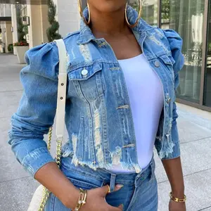 Girl Trendy Denim S-5XL Hot selling Fall Sexy Ripped Hollow Out Black Denim Blue Jean Jackets For Ladies Winter Womens Jackets