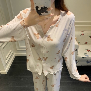 Conjuntos de Pijamas Modales para Mujeres Jóvenes, Pantalones de Manga Larga, Cárdigan, Conjunto Dulce para Primavera y Otoño - Product Image 4