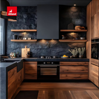 Meuble de cuisine Alland de qualité supérieure, moderne, en bois naturel, avec étagères ouvertes et pierre frittée noire, pour maison neuve sur mesure