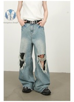 Jeans pour hommes à jambe large, style streetwear, déchirés, usés et à franges, vente en gros d'usine, personnalisables