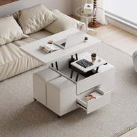 Table basse relevable moderne blanche extensible avec ottoman de rangement, design pliable, construction métal et bois, roulettes – Vente en gros