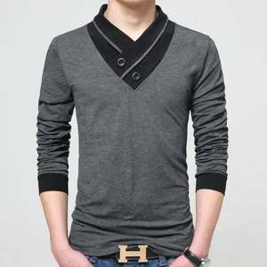Camiseta de Manga Larga Ajustada de Moda para Hombre, Camiseta con Cuello de Parche, Camiseta con Cuello en V para Hombre, Camisetas de Algodón, Tallas Grandes J0081 - Product Image 4