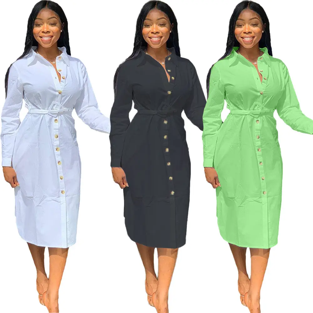 H1345 2021 Hot Sale Women's Solid Color Black Turn-down Collar Straight Waist Cotton Long sleeve Shirt Casual Midi Green Dress