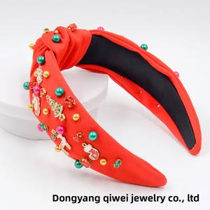 Nouveau serre-tête de Noël pour femme, en tissu, incrusté de gros diamants, avec Père Noël et flocon de neige, fait main, tendance, noué - Product Image 2