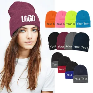 Tùy chỉnh PU thêu vá dệt kim lông cừu woolie các nhà sản xuất mũ mùa đông với logo Puff Beanie màn hình in Beanies