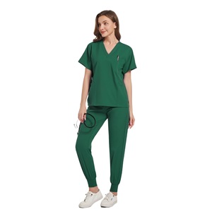Women's Scrub Set Short Sleeve V-Neck Elastic Bottoms Moisture Wicking Hospital Uniform Green Split Set - Product Image 1