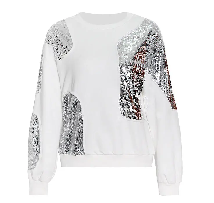 Hot sale long sleeve sweatshirt for women shiny sequin crew neck white color plus size custom logo women's sweatshirts