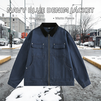 Blouson en jean bleu marine pour homme, décontracté, hiver, à capuche, entièrement zippé, antibactérien, respirant, doublure polaire écologique, gaufré