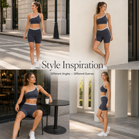 Conjunto de ropa deportiva al por mayor para mujer: Sujetador deportivo de un solo hombro y shorts de ciclista de cintura alta con ribete en contraste para entrenamiento.