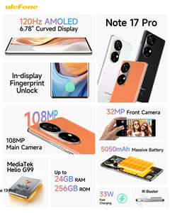 Smartphone à bas prix, original, NEUF Ulefone Note 17 Pro 12 Go + 256 Go, écran 6,78 pouces, Android 13, appareil photo MediaTek 108 MP, téléphones mobiles - Product Image 4