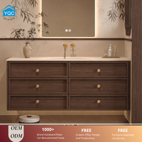 Meuble-lavabo mural moderne en contreplaqué avec plateau en pierre frittée, lavabo en céramique, miroir LED, 6 tiroirs, fabrication OEM ODM sur mesure