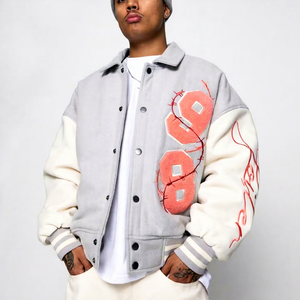 2026 Starrter Varsity Jacket Gray Suede Varsity Jacket Men Hip Hop Streetwear Oversized Letterman Coat with Red Number Applique - Product Image 1