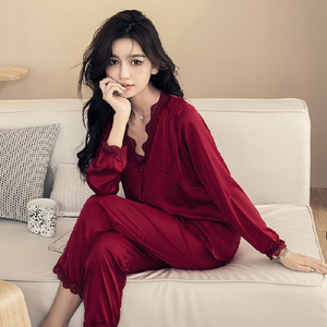 Conjunto de ropa de casa para mujer estilo <span class=keywords><strong>kimono</strong></span> de seda helada para primavera y otoño, cintura elástica, poliéster, largo, para novias - Product Image 4