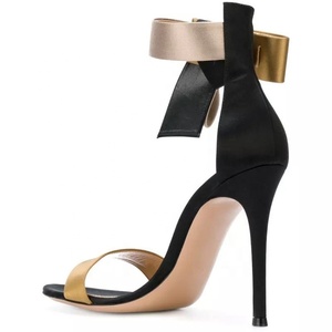 Sandales à talons hauts pour femme avec grand nœud, chaussures à talon aiguille patchwork pour femme, escarpins d'été à bride unique et bout ouvert - Product Image 3