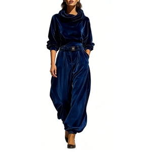 Women's Velvet 2 Piece <b>Set</b> - Cowl Neck Long Sleeve Top & High Waist Pleated Balloon Pants Outfit Womens Clothes Fashion - Product Image 5
