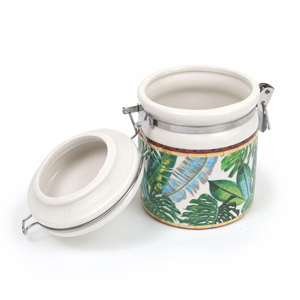 Ensemble de pots de conservation en céramique à motif de feuille de Monstera tropicale, hermétiques, avec <span class=keywords><strong>pince</strong></span> de verrouillage en métal pour café, thé, sucre - Product Image 4