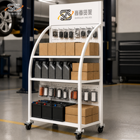 Étagères de présentation mobiles pour batteries, capacité de charge de 60 kg, panneau arrière perforé, 2 roulettes verrouillables, pour zones de levage de garage