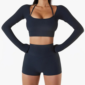 Joyyoung, Top de Yoga acanalado, trajes deportivos para <span class=keywords><strong>mujer</strong></span>, sujetador, conjunto de entrenamiento de manga larga, trajes de gimnasio para <span class=keywords><strong>mujer</strong></span>, medias, <span class=keywords><strong>Kit</strong></span> para <span class=keywords><strong>mujer</strong></span> - Product Image 3