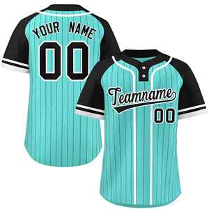 Maßgeschneidertes Aqua-Schwarz-Weiß gestreiftes, modisches Softball-Trikot mit Raglanärmeln und zwei Knöpfen - Product Image 1