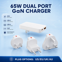 Chargeur mural rapide 65W ultra-fin GaN ignifuge à double port A+C PD3.0 QC3.0 avec prise pliable pour ordinateur portable, téléphone portable et appareil photo