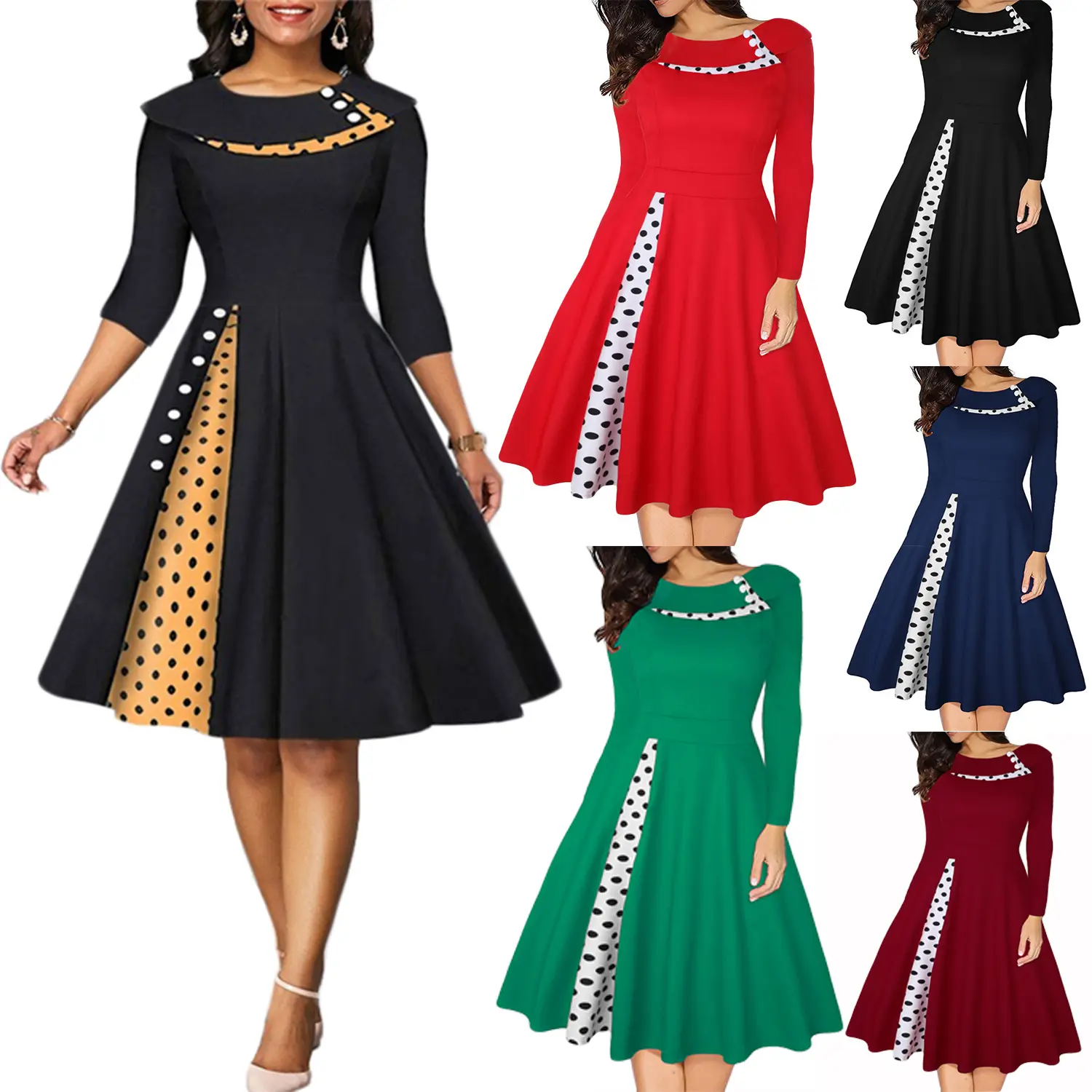 Винтажные женские платья в горошек 80322-MX23 с круглым вырезом и широким подолом большого размера sehe fashion