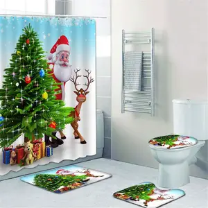 Özelleştirilmiş sevimli noel baba noel Polyester yıkanabilir duş perdesi banyo setleri duş perdesi ve banyo halıları seti