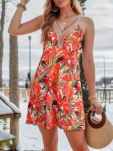 Vestido de encaje con cuello en V para mujer, ropa de playa de verano 2025, sin mangas, estampado Tropical, Vestido corto informal, traje de vacaciones - Product Image 6