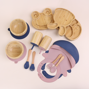 Assiettes en <span class=keywords><strong>bambou</strong></span> antidérapantes durables tasses pour enfants avec pailles et couvercles anti-fuite couleur unie silicone souple alimentation LED sevrage ensemble bébé - Product Image 1